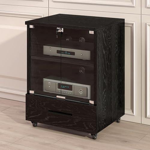 LYXWGRZD 2/3-stufiger Audio Rack HiFi Regal, Phonoschrank mit Schublade, HiFi Rack mit gehärtetem Glas, Record Player Stand, atmungsaktives Lochdesign(Nero,77cm/30.3in)