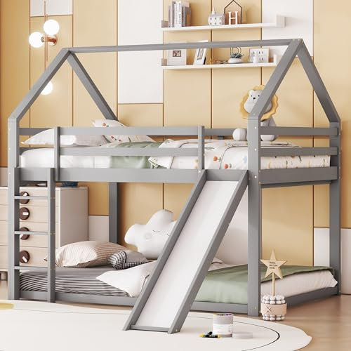 Ctastay Kinderbett Etagenbett 140x200 cm für 2 Kinder, Hausbett Holzbett Bett mit Rutsche & Leiter, Hochbett Familienbett Jugendbett mit Rausfallschutz & 1x Lattenrost, Ohne Matratze, Grau