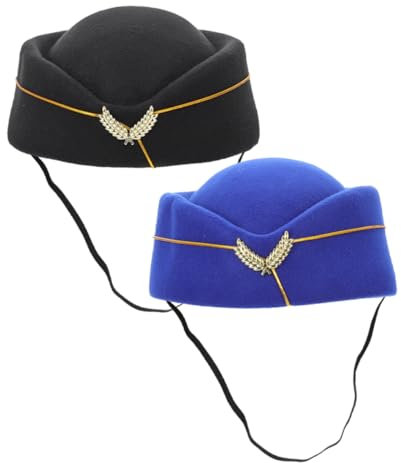 GAROZATION 2stücke Stewardess Filzhut Schwarz Blau Damen Kabinenpersonal Mütze Uniform Cosplay Party Hut Für Tanz Karneval Halloween