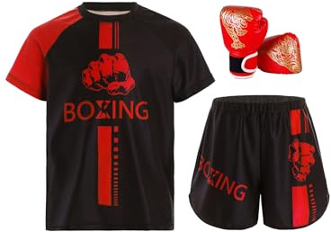 Miutii 3tlg.Kinder Jungen Trainingsanzug Boxing Kleidung Muay Thai Short Kickboxen Kurze Hose + T-Shirt + Boxhandschuhe Thai MMA Kampfsport Training Sport Set Rot 134-140