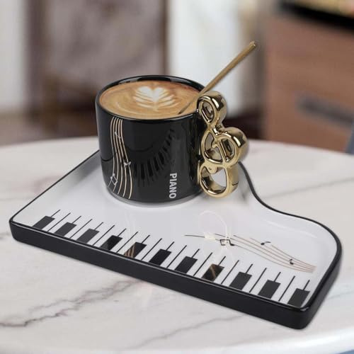 GOMETY Kreative Klavier Keramik Espressotassen mit Unterteller und Löffel, Musiknoten Kaffeetasse 200ml Cappuccino Tassen Porzellantasse Mochatassen Geschenk für Geburtstag Valentinstag (Schwarz)