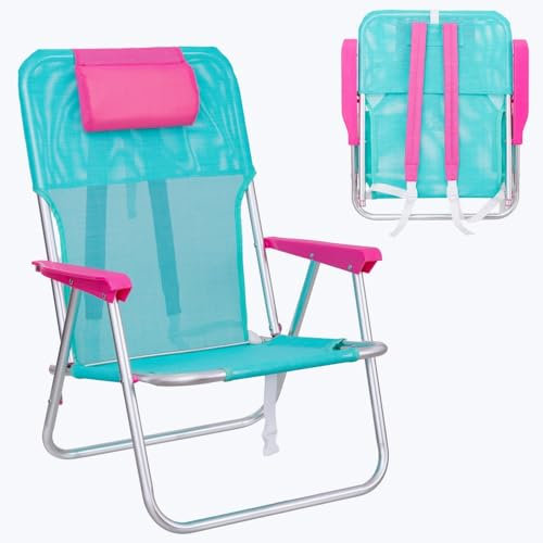 LOLAhome Silla Playa Camping Mochila Junior, Plegable de Aluminio y textileno Aguamarina, Silla Fija de 55x40x71 cm, con cojín Cervical Rosa, Correas Acolchadas y Ajustables