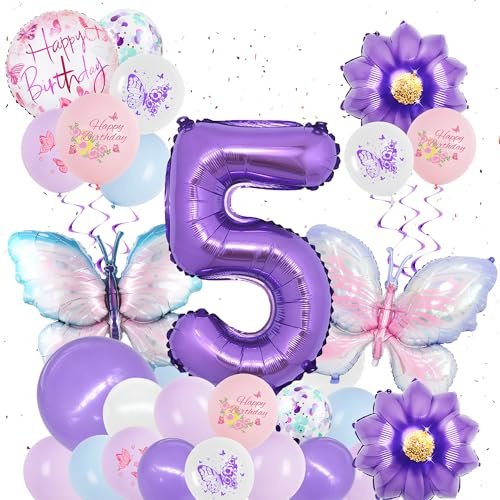 Schmetterling Deko 5. Geburtstag Mädchen, 31 Stück Lila Luftballons Set | Lila Geburtstagsdeko Ballons für Kinder, schmetterling Folienballons, große Zahlenballons
