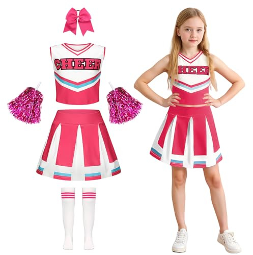 yecwkaz Déguisement Pompom Girl Costume Cheerleader Filles Enfant avec Pompoms Nœud et Chaussettes Deguisement Cheerleader Short sous La Jupe pour Carnaval Halloween Mascarade, Pink 120cm