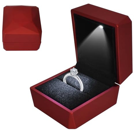 Colexy Ring Box mit LED-Licht, LED-Ringbox Beleuchtete, Samt Schmuck Geschenkbox mit LEDs-Innenbeleuchtung, Schmuck Präsentationsbox, für Verlobung Heiratsantrag Hochzeit, 5.8 * 6.3 * 5cm, Rot-a