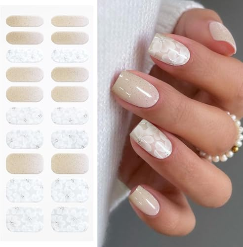 JMEOWIO Autocollants pour ongles UV/LED, motifs fleurs blanches pailletées, semi-durci