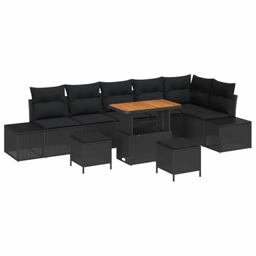 vidaXL Trädgårdsoffset med kudde 9 pcs Svart Poly rattan, Trädgård och terrass, modern modulär utemöbel, UV-skyddad soffa, lätt rattansoffa, mysig patio-lounge