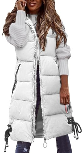 Ladies Long Gilet With Hood Sleeveless Zipper Padded Quilted Jacket Winter Warm Solid Color Vest Coats Outdoor Windproof Parka Outwear Plus Size Waistcoats Warm Hooded Coat Puffer Jacket