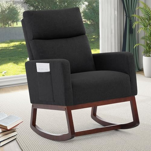 XH. Easy Go Schaukelstuhl fürs Kinderzimmerfürs Schaukelsessel Stillsessel mit Hoher Rückenlehne, Stillstuhl Leinen Schaukelstühle Rocking Chair für Wohnzimmer und Schlafzimmer,Bis 151 kg, Schwarz
