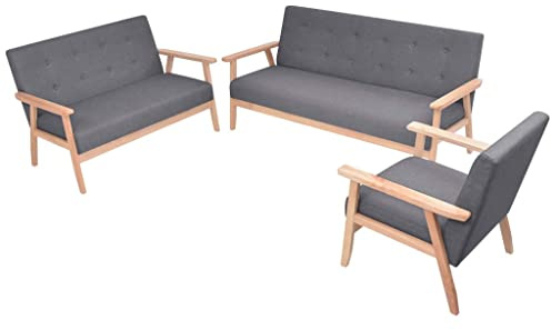 HETFTJN 3-TLG. Sofa-Set Stoff Dunkelgrau Skandinavisches Design Massivholzrahmen mit Sessel 64,5 cm breit Zweisitzer 113,5 cm Dreisitzer 158 cm für Wohnzimmer Entspannung und Geselligkeit