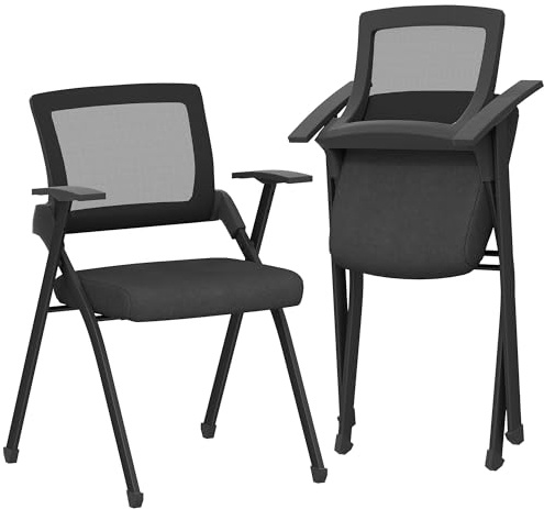 HOMCOM Lot de 2 chaises pliantes en tissu effet lin avec dossier et accoudoirs incurvés, chaises portables pliantes en acier peu encombrantes, pour la maison, le bureau, la cuisine, les événements,