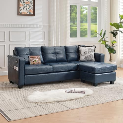TYBOATLE 88 W Blue Faux Leather L Shaped Sectional Couches w/Side Pockets, Comfy Modular Convertible Sofas w/USB, Office Sofa Set with Chaise for Living Room, Bedroom (Blue, 3L)