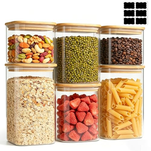 ComSaf 6 Pack Rectangular Glass Storage Jars with Lids – 700ml 1.1L 1.5L | Kitchen Storage Containers with Bamboo Lids for Space-Saving Pantry Storage, Coffee, Sugar, Pasta, Cereal, Flour & Dry Food