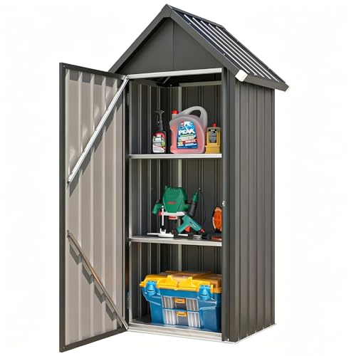 YODOLLA Abri de Jardin Métal,Cabane de Rangement Tout Climat,Armoire Jardin | Résistant aux Intempéries (Pluie, Vent, Soleil),Porte Fermeture Sécurisée et 3 Étagères Amovibles,76x55x178cm, Gris foncé
