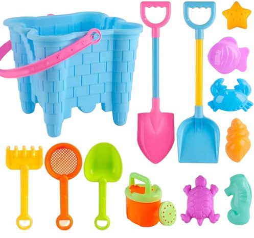 Peosaard Toddler Beach Toys, Beach Toys 13 Pcs/Set Sand Sand Castle Includes Bucket, Shovels, Small Rakes & Molds, Sandbox Travel for Kids