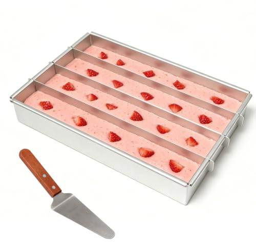 Pilikoll Cadre Patisserie Rectangulaire avec 4 Compartiments (30×20×5.2cm) | Moule à Gâteau Tiramisu en Aluminium, Cadre de Cuisson Rectangulaire Réglable, pour Mousse Dessert Gâteaux