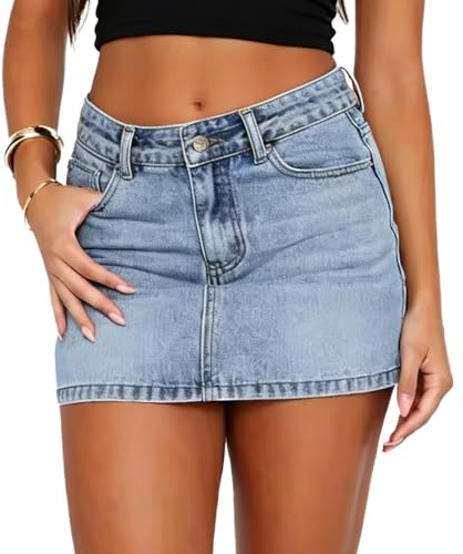 LXEASYGO Women's Denim Mini Skirt Bodycon Denim Skort with Pockets Casual Low Rise Short Jean Skirts for Women (UK, Alpha, L, Regular, Regular, LightBlue)