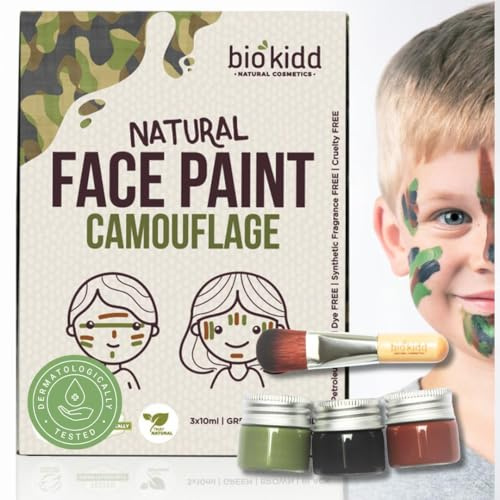 BioKidd Militär Camouglage Tarnungs - Gesichtsfarbe für Kinder und Erwachsene Bio Organische Natürliche Creme Kinderschminke für Sensitive Haut, 3-Farben-Army Set (Grün, Braun, Schwarz)