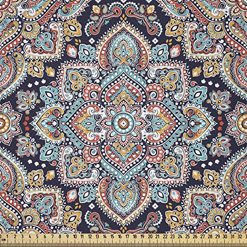 ABAKUHAUS Ethnisch Stoff als Meterware, Vintage Boho Kunst, Microfaser Stoff für Dekoratives Basteln, 1M (230x100cm),Türkis Rot Schwarz