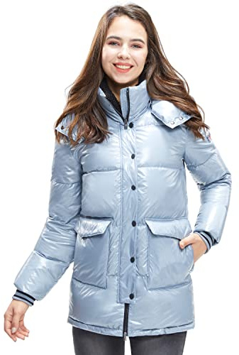 Extreme Pop Piumino donna lucido con cappuccio in piuma d'oca lucida giacca a vento donna invernale (Blu grigio, M)