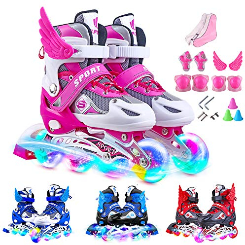 Inline Skates Kinder Einstellbarer Größe Rollschuhe Mit Leucht PU Räder Dreifach Schutz Leichte Anfänger Rollerskates für Mädchen/Jungen