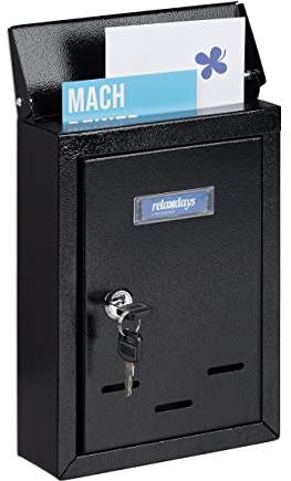 Relaxdays Cassetta della Posta con Targhetta, Metallo, 2 Chiavi, Casella Postale, Buca Lettere 26,5x19x6,5 cm, Nero, Ferro, 1 pz