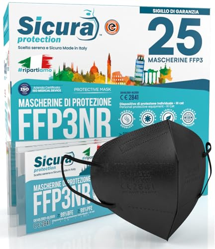25 Mascherine FFP3 Certificate CE Nere Made in Italy SICURA Senza Valvola | Logo Impresso PFE ≥99% BFE ≥99% SANIFICATE e Sigillate Singolarmente