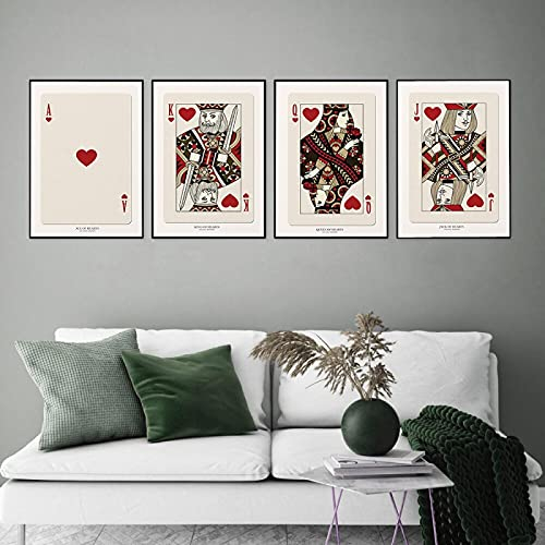 Spielkarte Poster Herzen Ausstellung Leinwand Wandbild Kunst Poster Mittelalter Abstrakte Drucke für Wohnkultur Malerei 40x60cmx4 Rahmenlos