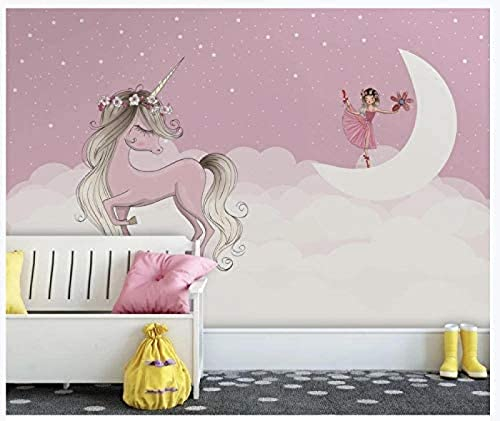 Rosa Einhorn Mond Mädchen Stern Weiße Wolke Kinderzimmer Hintergrund Wand TV Wandbild Tapete Wanddekoration fototapete 3d Vlies wandbild Schlafzimmer-400cm×280cm