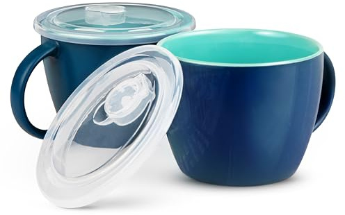 KooK Ceramic Soup Cups with Handle, Vented Plastic Lid, Perfect for Overnight Oatmeal, Microwaveable, Travel Mugs for Coffee, Cereal, 750ml, Set of 2 (Navy/Jade)