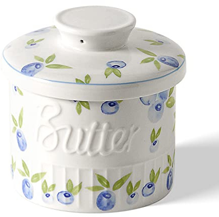 Toptier Butter Crock for Counter with Water Line, On Demand Spreadable Butter, Ceramic Butter Keeper to Leave On Counter, French Butter Dish with Lid, (Yummy Blueberry)