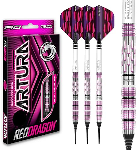 RED DRAGON Artura Shocking Rosa 18 Gramm Softip Premium Tungsten Darts Set mit Flights und Stielen