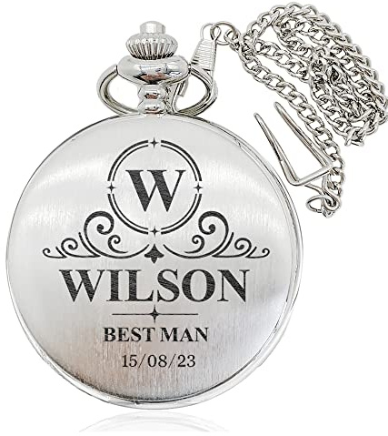 EDSG Personalised Engraved Pocket Watch and Chain - Custom Gifts for Men, Father's Day, Grandad - Silver Design with Gift Box