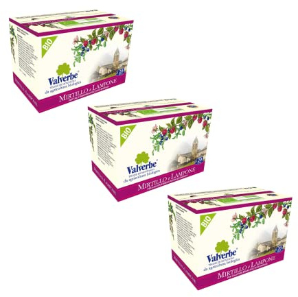 Valverbe® | Infuso Mirtillo & Lampone | Miscela BIO di Erbe per Tisana | Infusione Mirtillo Lampone & Bacche del Bosco - 3 x 20 Filtri (90 Gr) | Tisana BIO Fruttata