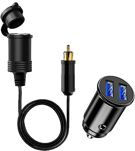 Hoembpn 90cm DIN Stecker auf Zigarettenanzünder Buchse Adapter Verlängerungskabel Wasserdicht, 12V / 24V Dual USB Port Zigarettenanzünder Auto Ladegerät für Auto, Motorrad, LKW