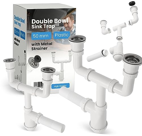 DoppelSiphon 50 mm Für Doppelwaschbecken mit Abflusssieb Metall Sieb & Stöpsel Für Spülbecken Siphon Waschbecken Ablaufgarnitur Spüle Zubehör Syphon Badezimmer Küchenspüle Abflussrohr Abfluss