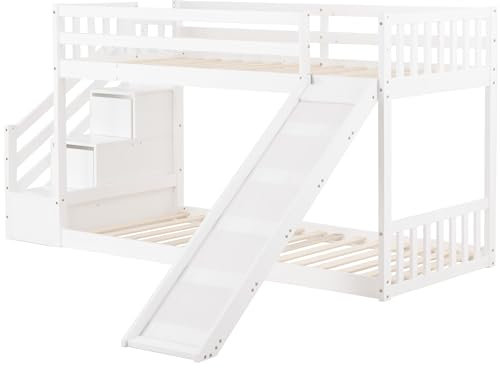 Etagenbett 90x200cm mit Treppe und Rutsche, Rahmen aus massivem Kiefernholz, Kinderbett mit 2 Schubladen in der Treppe