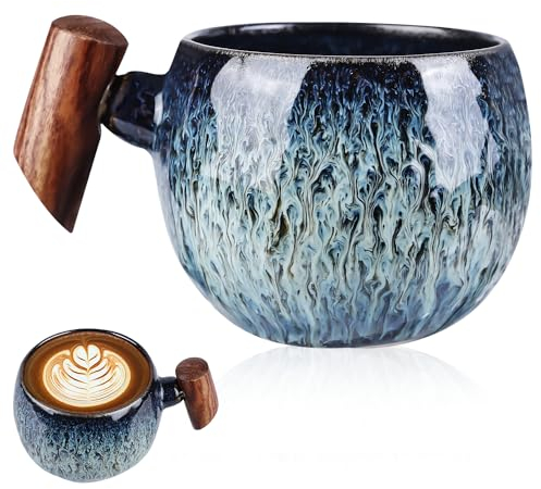 HOMURY 230 ml tazza giapponese con manico in legno tazza da caffè in ceramica giapponese tazza da tè vintage muesli tazza da colazione per espresso, latte, tè matcha, tè verde