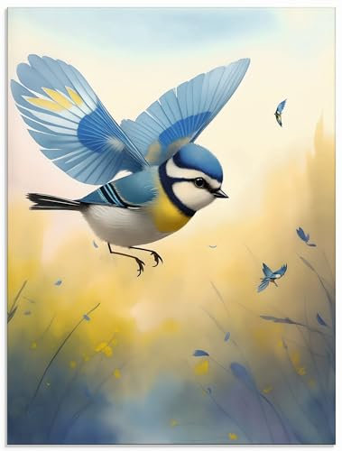 ARTland Wanddeko Glasbilder Wandbild Glas Bild 60x80 cm Tiere Vogel Blaumeise Flug Meise Blau Farben U5ER
