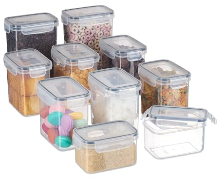 Relaxdays Vorratsdosen mit Deckel, 10er Set, Nudeldosen, 2000/1400/800 ml Volumen, Küchenbehälter luftdicht, transparent