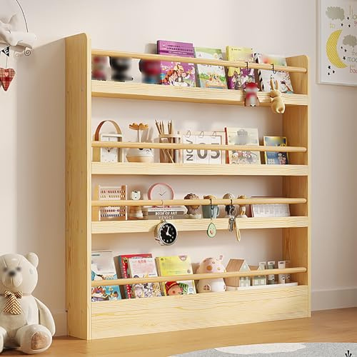Gtzly BüCherregal Wand Kinder, Wandmontage, 4-StöCkiges BüCherregal, Organizer for Spielzeug und BüCher, Spielzeug-Aufbewahrungs-BüCherregal Im Schlafzimmer, Wohnzimmer und Kinderzimmer (Color : Natu