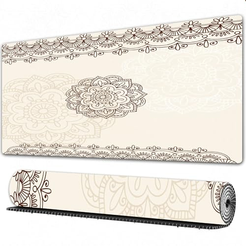 EOMKSE Mauspad Verlängertes großes Mauspad Schreibtischauflage,genähte Kanten Mauspad,Gummibasis,Handgezeichnete Henna-Mehndi-Tattoo-Blumen und Paisley-Rand-Doodle-Vektor-Illu,Gaming-Mauspad,30x80 cm