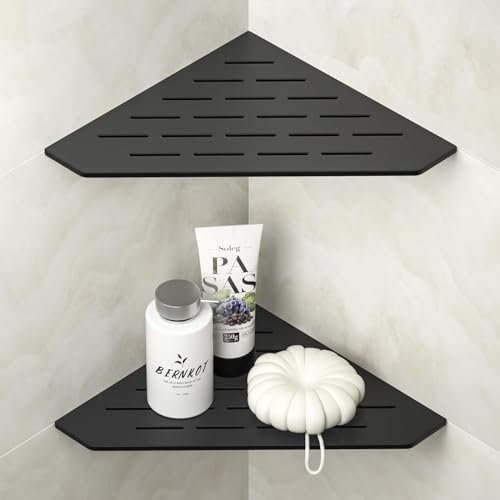 Bernkot Lot de 2 étagères de douche d'angle, en acier inoxydable 304, style pentagonal, très résistantes, avec ciseaux d'angle, design encastré, pour carrelage mural, sans perçage, noires