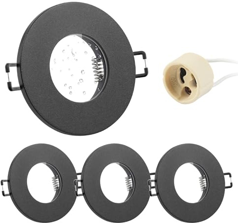 Doughelec 4er Einbaustrahler GU10 Rund IP65 Aluminium Schwarz Einbaurahmen | Badezimmer Rahmen 68mm Lochdurchmesser| Flach Spot Einbauspots inkl GU10 Fassung|230V für Wasserdicht Einbauleuchten LED