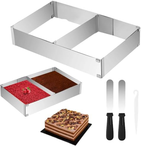 YRsorn Backrahmen Rechteckig Verstellbar - Wiederverwendbar Edelstahl Backform Rechteckig, Tortenring Verstellbar mit Teiler & Spatel Kuchenform für Kuchen Torten Pizza Backen