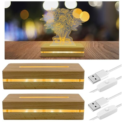 YWNYT 2 basi in legno con luci a LED, 15 x 4 x 3 cm, unico strato intermedio in acrilico, base rettangolare illuminata in legno, per lastre acriliche spesse 4-5 mm, vetro resina, arte, luce notturna