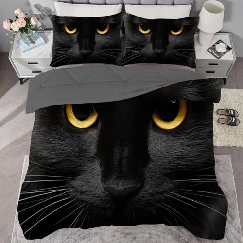 buyluhn Bettdecke 200x200 Schwarze Katze Ohne Bezug Nutzbar, 4 Jahreszeiten Bettdecken Tier Steppdecke Microfaser Ganzjahresdecke mit 2 Kissenbezug，Waschbar Bettzeug für Sommer Winter