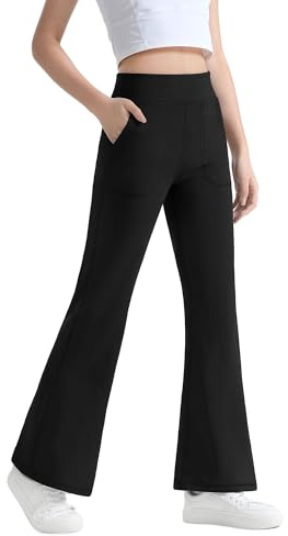 JOCMIC Girls Fleece Lined Flared High Waists Yoga Pants for Kids Athletic Leggings with Pockets Black, 13-14 Years, Tag160
