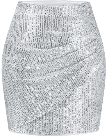 Aupuls Falda de Lentejuelas Brillante Mini Falda de Fiesta Elástica Ajustada Faldas Brillantes Falda Sexy Carnaval, plata, XXL