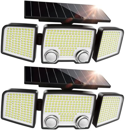 Lumisky Lote de 2 focos solares con 3 cabezas negras, raylite, luz LED potente blanca, orientables con detector de movimiento, ideales para proteger jardín, terraza y exterior